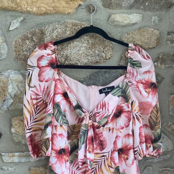 NWT LuLus ZALIKI PINK TROPICAL PRINT TIE-FRONT PUFF SLEEVE MINI DRESS Blush Smal - Picture 5 of 12